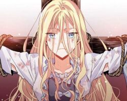 Rule 34 | 1girl, blonde hair, blood on clothes, closed mouth, dress, elise de clorence, long hair, looking at viewer, mini, oegwauisa elise, official art, purple eyes, serious, t-pose, very long hair, white dress