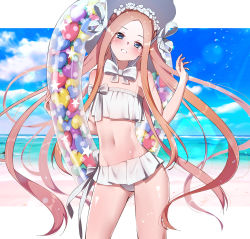 Rule 34 | 1girl, abigail williams (fate), abigail williams (swimsuit foreigner) (fate), abigail williams (swimsuit foreigner) (third ascension) (fate), beach, bikini, blonde hair, blue eyes, bow, commentary request, day, fate/grand order, fate (series), flat chest, hair bow, hand up, heart, highres, holding, holding swim ring, innertube, kawaruhi, long hair, looking at viewer, navel, outdoors, parted bangs, solo, standing, swim ring, swimsuit, very long hair, white bikini, white bow, white headwear