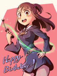 Rule 34 | 1girl, absurdres, blue dress, blunt bangs, breasts, brown hair, commentary request, cowboy shot, dress, hand on own hip, hand up, happy birthday, highres, holding, holding wand, kagari atsuko, little witch academia, long hair, long sleeves, looking at viewer, luna nova school uniform, madabau, multicolored background, open mouth, orange eyes, pink background, school uniform, small breasts, smile, solo, sparkle, standing, wand, white background