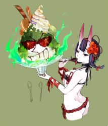 Rule 34 | 1girl, alternate costume, artist request, ass, bare shoulders, breasts, butt crack, collarbone, eyeshadow, fate/grand order, fate (series), flower, flower on head, food, from side, green background, horns, makeup, purple hair, revealing clothes, short hair, shuten douji (fate), skin-covered horns, small breasts, solo, spoon, tray, tribute (tributism)