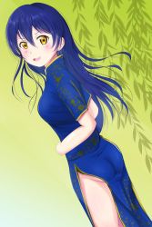 Rule 34 | 1girl, artist name, artist request, bare legs, blue dress, blue hair, blue skirt, blush, breasts, brown eyes, china dress, chinese clothes, dress, female focus, floating hair, floral print, from behind, full body, green background, hair between eyes, highres, long hair, looking at viewer, looking back, love live!, love live! school idol project, miniskirt, parted lips, plaid, plaid dress, plaid skirt, pleated, pleated dress, pleated skirt, skirt, smile, solo, sonoda umi, wavy hair, yellow eyes