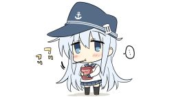 Rule 34 | ..., 1girl, anchor symbol, bad id, bad twitter id, black sailor collar, black skirt, black thighhighs, blue eyes, box, chibi, commentary request, eating, flat cap, food, hat, hibiki (kancolle), highres, hizuki yayoi, kantai collection, long hair, mouth hold, negative space, pleated skirt, pocky, pocky day, sailor collar, school uniform, serafuku, silver hair, simple background, skirt, solo, spoken ellipsis, standing, thighhighs, white background