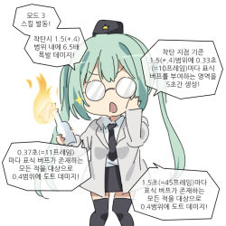 Rule 34 | 1girl, bespectacled, black legwear, black necktie, chibi, commentary, fire, girls&#039; frontline, glasses, green hair, hat, korean commentary, korean text, lab coat, long hair, math, micro uzi (girls&#039; frontline), molotov cocktail, necktie, open mouth, sidarim, simple background, solo, sparkle, translation request, twintails, white background