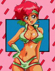 Rule 34 | 1990s (style), 1girl, bad id, bad twitter id, breasts, dark-skinned female, dark skin, dirty pair, earrings, hand on own hip, headband, highres, jewelry, kei (dirty pair), large breasts, looking at viewer, navel, open mouth, potiri02, red eyes, red hair, retro artstyle, short hair, single earring, solo, stomach, stomach day, white headband