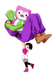 Rule 34 | 1boy, 1girl, :d, antennae, arms up, black hair, blunt bangs, boots, brown footwear, brown shorts, carrying, child, closed mouth, colored skin, commentary request, dougi, dragon ball, dragon ball super, dragon ball super super hero, eyelashes, frown, green skin, holding, holding stuffed toy, leg up, looking at viewer, looking to the side, namekian, no eyebrows, open mouth, pan (dragon ball), pants, piccolo, pny panya, pointy ears, purple eyes, purple footwear, purple pants, red sash, sash, shirt, short hair, short sleeves, shorts, simple background, smile, standing, standing on one leg, stuffed animal, stuffed toy, t-shirt, v-shaped eyebrows, white background