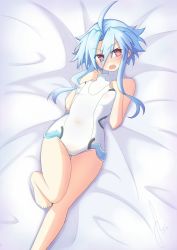 Rule 34 | 1girl, angry, bare legs, blue hair, blush, breasts, commentary, covered erect nipples, covered navel, english commentary, hair between eyes, hands on own chest, hands up, highres, knee up, legs, leotard, looking at viewer, lying, neptune (series), no gloves, no shoes, on back, on bed, open mouth, power symbol, power symbol-shaped pupils, red eyes, see-through, short hair with long locks, small breasts, solo, souryu 1231, symbol-shaped pupils, thighs, white heart (neptunia), white leotard