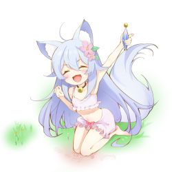 Rule 34 | 1girl, ahoge, animal ear fluff, animal ears, arm up, armpits, barefoot, bell, bloomers, bow, bow bloomers, camisole, cheat kusushi no slow life, choker, closed eyes, crop top, dog ears, dog girl, dog tail, flower, full body, hair flower, hair ornament, highres, holding, jingle bell, long hair, midriff, n3moni, navel, noela (cheat kusushi no slow life), open mouth, silver hair, sitting, smile, solo, tail, underwear, white bloomers, white camisole