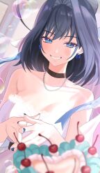 Rule 34 | 1girl, absurdres, alternate costume, black hair, blue eyes, blue nails, blush, bow, bubble, cake, cherry, cho 913, choker, cropped torso, dress, earrings, food, fruit, grin, hair intakes, highres, hololive, hololive english, jewelry, nail polish, necklace, ouro kronii, pearl necklace, short hair, sleeveless, sleeveless dress, smile, solo, tagme, virtual youtuber, wedding dress