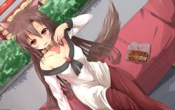 Rule 34 | 1girl, animal ears, breasts, brooch, brown hair, cleavage, day, dress, dutch angle, eating, food, hair between eyes, himura 1129, imaizumi kagerou, jewelry, long hair, long sleeves, medium breasts, outdoors, red eyes, solo, tail, touhou, wolf ears, wolf tail, yakitori