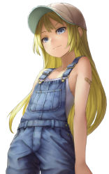 Rule 34 | 1girl, bandaid, bandaid on arm, bare arms, baseball cap, belt, blonde hair, buckle, buttons, closed mouth, collarbone, cowboy shot, denim, flat chest, from below, grey eyes, hat, kurione (zassou), light smile, long hair, looking at viewer, original, overalls, parted bangs, shirt, simple background, sleeveless, sleeveless shirt, smile, solo, tank top, very long hair, white background