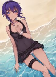 Rule 34 | 1girl, bare shoulders, beach, black dress, black hairband, blush, covered navel, dark-skinned female, dark skin, dress, fate/prototype, fate/prototype: fragments of blue and silver, fate (series), frilled dress, frills, from above, hair between eyes, hairband, hassan of serenity (fate), highres, looking at viewer, lying, monobe tsukuri, on back, purple eyes, purple hair, scrunchie, see-through, short hair, smile, solo, thigh strap, wrist scrunchie