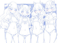 Rule 34 | 4girls, antlers, arms behind back, bell, bikini, blue theme, blunt bangs, bow, bow bikini, braid, braided hair rings, breasts, capelet, choker, christmas, cleavage cutout, closed mouth, clothing cutout, commentary, crotch seam, delicious party precure, double v, fake antlers, flat chest, frilled bikini, frills, fur-trimmed bikini, fur-trimmed capelet, fur-trimmed shirt, fur trim, fuwa kokone, gluteal fold, hair bell, hair ornament, hair rings, hairclip, halterneck, hanamichi ran, hand on own hip, hands on own chest, highres, holly hair ornament, horns, kasai amane, long hair, long sleeves, medium hair, micro bikini, miyagoe yoshitsuki, multiple girls, nagomi yui, navel, neck bell, neck ribbon, off-shoulder shirt, off shoulder, open mouth, parted lips, precure, reindeer antlers, ribbon, shawl, shirt, short hair, side-by-side, small breasts, smile, spot color, star (symbol), star hair ornament, string bikini, swimsuit, thigh gap, twin braids, v