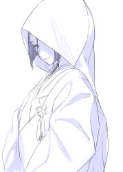 Rule 34 | 1girl, commentary request, fate/grand order, fate (series), hood, hood up, japanese clothes, kimono, looking at viewer, minamoto no raikou (fate), nakuta, shiromuku, simple background, solo, uchikake, wataboushi, white background