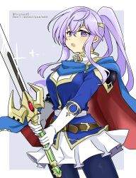 Rule 34 | 1girl, alternate costume, alternate hairstyle, cape, circlet, cosplay, fire emblem, fire emblem: genealogy of the holy war, gloves, holding, holding sword, holding weapon, julia (fire emblem), looking at viewer, nintendo, pantyhose, ponytail, purple eyes, purple hair, seliph (fire emblem), seliph (fire emblem) (cosplay), simple background, skirt, solo, sword, tyrfing (fire emblem), weapon, yukia (firstaid0)