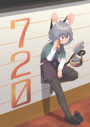 Rule 34 | 1girl, absurdres, animal ear fluff, animal ears, basket, black footwear, black pantyhose, blue capelet, blush, capelet, closed mouth, commentary request, crystal, expressionless, full body, greenpiecerice, grey hair, grey skirt, grey vest, hair between eyes, highres, holding, holding with tail, jewelry, layered clothes, long sleeves, looking afar, medium bangs, mouse (animal), mouse ears, mouse girl, mouse tail, nazrin, nazrin day, pantyhose, pendant, prehensile tail, red eyes, shirt, shoes, short hair, single shoe, skirt, skirt set, solo, tail, touhou, twirling hair, vest, white shirt