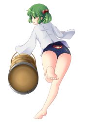 Rule 34 | 1girl, barefoot, bucket, full body, green eyes, green hair, hair bobbles, hair ornament, kisume, kurodani yamame, looking at viewer, looking back, matching hair/eyes, open mouth, running, sag (tkddkrja), school swimsuit, shirt, simple background, solo, swimsuit, swimsuit under clothes, touhou, twintails, white background