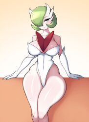 Rule 34 | 1girl, absurdres, bare shoulders, black eyes, blush, bob cut, breasts, closed mouth, collarbone, colored skin, covered navel, creatures (company), elbow gloves, female focus, game freak, gardevoir, gen 3 pokemon, gloves, gradient background, green hair, hair over one eye, half-closed eyes, happy, highres, large breasts, legs together, leotard, looking at viewer, mega gardevoir, mega pokemon, nintendo, one eye covered, pokemon, pokemon (creature), saltyxodium, shiny skin, short hair, sitting, smile, solo, strapless, strapless leotard, thick thighs, thighs, white gloves, white leotard, white skin, wide hips, yellow background