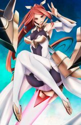 Rule 34 | 1girl, arc system works, armor, armored dress, ass, bare shoulders, blazblue, blazblue: chronophantasma, bodysuit, boots, breasts, detached sleeves, faulds, female focus, hair ornament, hair tubes, highres, izayoi (blazblue), large breasts, long hair, looking at viewer, open mouth, panties, panties under pantyhose, pantyhose, ponytail, red eyes, red hair, skirt, snm (sunimi), solo, sword, thigh boots, thighhighs, tsubaki yayoi, underwear, very long hair, weapon