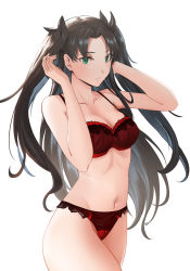 Rule 34 | 1girl, bare arms, bare shoulders, black hair, black ribbon, bra, breasts, check commentary, cleavage, collarbone, commentary request, fate/stay night, fate (series), gan-viking, green eyes, hair ornament, hair ribbon, highres, long hair, looking at viewer, medium breasts, navel, panties, parted bangs, red bra, red panties, ribbon, simple background, solo, tohsaka rin, two side up, underwear, white background