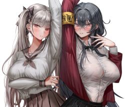 Rule 34 | 2girls, absurdres, alternate costume, arm up, armband, azur lane, black hair, blush, breasts, formidable (azur lane), glasses, grey hair, highres, jacket, large breasts, long hair, multiple girls, nompang, official alternate hairstyle, school uniform, skirt, taihou (azur lane), taihou (sweet time after school) (azur lane), twintails, very long hair, yellow armband