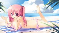 Rule 34 | 1girl, :q, artistic error, bad feet, barefoot, beach, bikini, blush, breasts, brown eyes, cloud, day, feet, female focus, food, ice cream, large breasts, long hair, lying, ocean, on stomach, original, outdoors, pink hair, sand, sazaki ichiri, sky, smile, soles, solo, striped bikini, striped clothes, swimsuit, toes, tongue, tongue out, towel, twintails, wrong foot