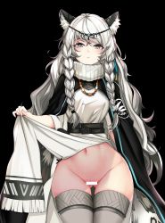 Rule 34 | 1girl, absurdres, animal ear fluff, animal ears, arknights, ateoyh, bad id, bad pixiv id, bar censor, belt, belt buckle, black background, black belt, black capelet, blush, braid, breasts, buckle, capelet, censored, closed mouth, clothes lift, commentary request, cowboy shot, dress, female focus, fringe trim, gluteal fold, grey eyes, groin, hair between eyes, hair ornament, hand up, headpiece, highres, leopard ears, leopard girl, lifting own clothes, long hair, long sleeves, looking at viewer, narrow waist, navel, pelvic curtain, pramanix (arknights), pussy, side braids, simple background, skirt, skirt hold, skirt lift, solo, standing, stomach, thighhighs, turtleneck, turtleneck dress, twin braids, very long hair, wavy hair, white hair, wide hips, wide sleeves