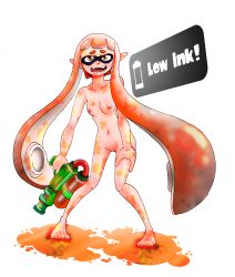 Rule 34 | 1girl, absurdres, barefoot, bodypaint, breasts, domino mask, fangs, feet, flat chest, full body, gun, highres, ink, inkling player character, mask, medium hair, navel, nintendo, nipples, nude, open mouth, orange eyes, orange hair, paint, paint splatter, pointy ears, pokecchi-dex, shiny skin, small breasts, solo, splatoon (series), splatter, super smash bros., tentacle hair, textbox, toes, uncensored, weapon, white background