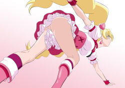Rule 34 | 1girl, ass, bent over, blonde hair, boots, breasts, closed mouth, cure peach, earrings, fresh precure!, from below, fuchi (nightmare), gradient background, hair ornament, heart, heart earrings, heart hair ornament, high-waist skirt, jewelry, knee boots, kneehighs, large breasts, layered skirt, long hair, miniskirt, pink background, pink footwear, pink skirt, precure, profile, red socks, shiny footwear, shirt, short sleeves, skirt, socks, solo, twintails, very long hair, white background, white shirt, wrist cuffs