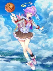 Rule 34 | 1girl, :d, asymmetrical legwear, ball, bare legs, basketball, basketball (object), black legwear, blazer, blue eyes, breasts, brown skirt, byulzzi, cloud, day, full body, hair flaps, halo, hood, hood down, hoodie, jacket, long hair, long sleeves, looking at viewer, luca (shironeko project), medium breasts, mini wings, miniskirt, mismatched legwear, open mouth, outstretched arm, pleated skirt, ponytail, purple hair, shironeko project, shoes, skirt, sky, smile, sneakers, socks, solo, star (symbol), striped clothes, striped socks, sweatband, undershirt, vertical-striped clothes, vertical-striped socks, white footwear, wing collar, wings