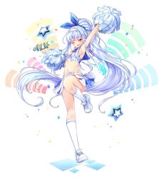 Rule 34 | 1girl, ;d, arm up, armpits, bare arms, bare shoulders, blue archive, blue hair, breasts, cheerleader, cosplay, crop top, erhwarue, full body, hair ribbon, holding, holding pom poms, leg up, long hair, looking at viewer, midriff, millennium cheerleader outfit (blue archive), miniskirt, navel, one eye closed, open mouth, pleated skirt, pom pom (cheerleading), pom poms, ponytail, ribbon, shirt, shoes, skirt, sleeveless, sleeveless shirt, small breasts, smile, sneakers, socks, solo, stomach, sung-eun (unleashed), sweat, thighs, unleashed, very long hair, white footwear, white shirt, white skirt, white socks, yellow eyes
