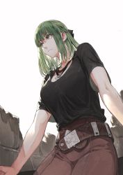 Rule 34 | 1girl, axe (navigavi), black shirt, breasts, closed mouth, commentary request, green eyes, green hair, high-waist pants, highres, jewelry, jun (navigavi), large breasts, looking to the side, medium hair, necklace, pants, shirt, short sleeves, sidelocks, solo