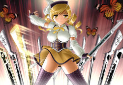 Rule 34 | 10s, 1girl, blonde hair, blurry, breasts, bug, butterfly, depth of field, drill hair, fingerless gloves, gloves, gun, hat, insect, large breasts, long hair, looking at viewer, magical girl, mahou shoujo madoka magica, mahou shoujo madoka magica (anime), motion blur, motion lines, rifle, shingyouji tatsuya, skirt, smile, solo, standing, thighhighs, tomoe mami, twin drills, twintails, weapon, yellow eyes, zettai ryouiki