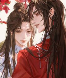 Rule 34 | 2boys, androgynous, artist name, back, bishounen, brown hair, chinese clothes, cjsrhkstkqhr123, commentary, couple, earrings, eyelashes, eyepatch, flower, hair ornament, hair over one eye, half updo, hanfu, hua cheng, jewelry, korean commentary, leaf, light smile, long hair, male focus, maple leaf, multiple boys, outdoors, parted bangs, pointy ears, red eyes, ribbon, ring, sidelocks, silver trim, smile, tianguan cifu, very long hair, white background, xie lian, yaoi