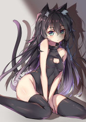 Rule 34 | 1girl, animal ears, artist name, bare arms, bare shoulders, between legs, black hair, black leotard, black thighhighs, blush, breasts, brown hair, cat cutout, cat ears, cat girl, cat tail, cleavage, cleavage cutout, closed mouth, clothing cutout, collarbone, commentary request, gradient hair, green eyes, groin, hair between eyes, hand between legs, highleg, highleg leotard, kittysuit, leotard, looking at viewer, multicolored hair, nontraditional playboy bunny, original, purple hair, shadow, sitting, small breasts, solo, tail, thighhighs, turtleneck, wariza, yuxian youka