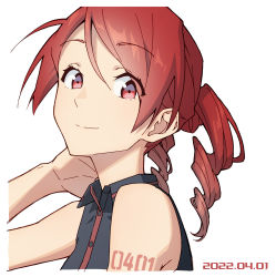 Rule 34 | 1girl, bare arms, bare shoulders, black shirt, buttons, commentary, dated, drill hair, from side, hand up, highres, kasane teto, looking at viewer, number tattoo, portrait, red eyes, red hair, shirt, short hair, shoulder tattoo, simple background, sleeveless, sleeveless shirt, smile, solo, tattoo, twin drills, utau, white background, yasutange