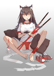 Rule 34 | 1girl, ahoge, alternate costume, animal ears, arknights, bare legs, barefoot, breasts, brown footwear, brown hair, candy, closed mouth, cola, commentary request, controller, earrings, extra ears, food, food in mouth, full body, game controller, gradient background, grey background, hair between eyes, highres, id card, jewelry, leg warmers, lollipop, long hair, looking at viewer, medium breasts, mouth hold, nail polish, orange eyes, panties, penguin logistics logo, pillow, playing games, polka dot, polka dot panties, red panties, shirt, shoes, unworn shoes, short sleeves, skying, soda bottle, solo, spread legs, sword, texas (arknights), toenail polish, toenails, underwear, weapon, white shirt, wolf ears, wolf girl