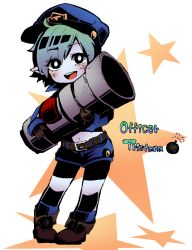 Rule 34 | 1girl, ahoge, alternate costume, aqua eyes, blue eyes, blue hair, blush, bomb, cannon, english text, explosive, eyebrows, hat, holding, holding weapon, league of legends, looking at viewer, matching hair/eyes, navel, otani (kota12ro08), pointy ears, police, police hat, police uniform, short hair, smile, solo, star (symbol), starry background, text focus, tristana, uniform, weapon