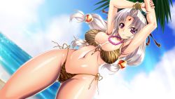 Rule 34 | 1girl, animal print, armpits, arms up, bare arms, bare legs, bare shoulders, beach, bikini, breasts, closed mouth, facial mark, forehead mark, game cg, gluteal fold, grey hair, groin, jewelry, large breasts, legs, long hair, looking at viewer, low-tied long hair, navel, necklace, ocean, original, outdoors, palm tree, pearl necklace, pink eyes, print bikini, ryofu housen (sangoku hime), sangoku hime, sangoku hime 2, shiny skin, sky, solo, standing, swimsuit, thighs, tiger print, tree, twintails, unicorn-a, water