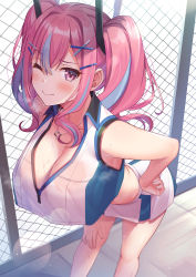 Rule 34 | 1girl, azur lane, bad id, bad pixiv id, bare shoulders, blush, breasts, bremerton (azur lane), bremerton (scorching-hot training) (azur lane), chain-link fence, cleavage, closed mouth, collarbone, crop top, crop top overhang, fence, heart, heart necklace, highres, jewelry, large breasts, leaning forward, long hair, looking at viewer, multicolored hair, necklace, one eye closed, pink eyes, pink hair, smile, sportswear, streaked hair, super nagoyaka, tennis uniform, twintails, two-tone shirt, two-tone skirt