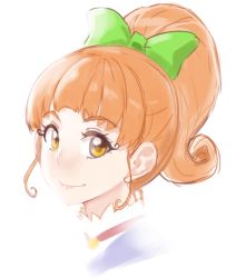 Rule 34 | 1girl, aikatsu! (series), bow, character request, closed mouth, green bow, hair bow, looking at viewer, orange hair, ponytail, portrait, simple background, smile, solo, tachibana roku, white background, yellow eyes
