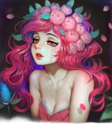 Rule 34 | 1girl, absurdres, bare shoulders, breasts, cleavage, crying, crying with eyes open, dark background, dress, flower, hair flower, hair ornament, highres, lips, long hair, medium breasts, original, parted lips, petals, pink eyes, pink hair, randy (awesomevillage), solo, strapless, strapless dress, tears, upper body, wavy hair