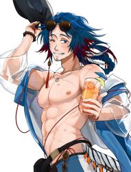 Rule 34 | arknights, bird, chenjuee, cup, eyewear on head, highres, holding, holding cup, jewelry, looking at viewer, male focus, mr. nothing (arknights), muscular, muscular male, necklace, one eye closed, solo, solo focus, sunglasses, sweat, sweatdrop, topless male, white background