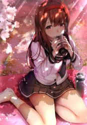 Rule 34 | 1girl, bad id, bad pixiv id, blurry, blurry foreground, breasts, brown eyes, brown hair, cherry blossoms, commentary request, cup, drinking, fay (fay axl), feet, from above, hairband, highres, holding, idolmaster, idolmaster million live!, long hair, long sleeves, looking at viewer, medium breasts, neckerchief, no shoes, outdoors, pleated skirt, sailor collar, school uniform, serafuku, sitting, skirt, socks, solo, sunlight, tanaka kotoha, yokozuwari