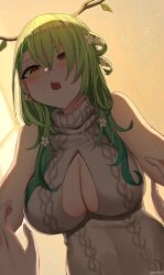 Rule 34 | 1girl, antlers, blush, braid, breasts, bustier, cardigan, ceres fauna, cleavage, domination, earrings, flower, green hair, hair ornament, highres, hololive, hololive english, horns, jewelry, kotodekun, large breasts, long hair, looking at viewer, mole, mole under eye, no bra, open cardigan, open clothes, open mouth, pinned, shadow, single braid, sleeveless, smile, sweater, turtleneck, turtleneck sweater, virtual youtuber, white sweater, yellow eyes