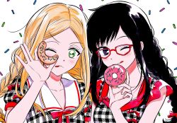 Rule 34 | 2girls, ;p, ;q, absurdres, alternate hairstyle, baburo, bad id, bad pixiv id, black hair, blonde hair, blush, bow, braid, breasts, confetti, doughnut, food, glasses, green eyes, highres, holding, holding food, konami kirie, long hair, looking at viewer, matching outfits, multiple girls, neck ribbon, one eye closed, plaid, red-framed eyewear, red bow, red ribbon, ribbon, short sleeves, sidelocks, simple background, smile, tongue, tongue out, twin braids, twintails, upper body, usami shiori, white background, world trigger