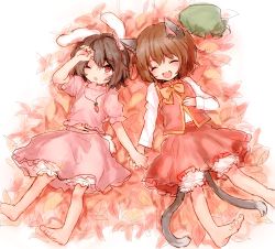 Rule 34 | 2girls, :d, ;o, ^ ^, animal ears, arm up, autumn leaves, barefoot, black hair, bloomers, bow, brown hair, carrot, carrot necklace, cat ears, cat tail, chen, closed eyes, dress, ear piercing, earrings, closed eyes, fang, furorida, holding hands, hat, unworn hat, unworn headwear, highres, inaba tewi, jewelry, long sleeves, lying, multiple girls, multiple tails, necklace, nekomata, on back, one eye closed, open mouth, piercing, pink dress, rabbit ears, red eyes, shirt, short sleeves, single earring, skirt, skirt set, smile, tail, touhou, underwear, vest, wink