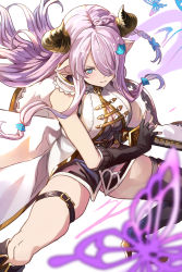 Rule 34 | 1girl, asymmetrical gloves, bare shoulders, black gloves, black thighhighs, blue eyes, braid, breasts, bug, butterfly, cleavage, draph, fingerless gloves, gloves, granblue fantasy, hair ornament, hair over one eye, high heels, horns, insect, katana, large breasts, light purple hair, long hair, narmaya (granblue fantasy), pointy ears, purple hair, seven (shijima), simple background, single braid, single thighhigh, sleeveless, solo, sword, thigh strap, thighhighs, uneven gloves, weapon, white background