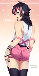 Rule 34 | 1boy, ass, bangle, belt, black hair, blue eyes, bracelet, character name, earrings, fingerless gloves, fishnet gloves, fishnets, fortissimo, gloves, hair ornament, hairclip, heart, heart background, highres, hime (justsyl), jewelry, justsyl, long hair, looking at viewer, looking back, male focus, multicolored hair, musical note, musical note earrings, musical note hair ornament, nail polish, open mouth, original, piercing, pink hair, shorts, solo, strap slip, suspender shorts, suspenders, tank top, thighhighs, trap, twitter username, two-tone hair, wristband