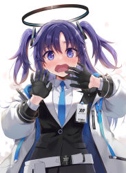 Rule 34 | 1girl, black gloves, blue archive, blue necktie, blush, breasts, collared shirt, commentary, eretto, formal, gloves, halo, highres, id card, jacket, long hair, long sleeves, looking at viewer, mechanical halo, medium breasts, necktie, open mouth, purple eyes, purple hair, shirt, solo, suit, two side up, upper body, white jacket, white shirt, yuuka (blue archive)