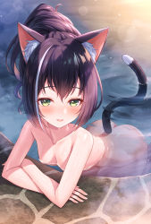 Rule 34 | 1girl, animal ear fluff, animal ears, ass, bare shoulders, bath, bathing, black hair, blush, breasts, cat ears, cat girl, cat tail, collarbone, commentary request, completely nude, fang, green eyes, hair between eyes, hair bun, highres, karyl (princess connect!), long hair, looking at viewer, multicolored hair, nude, onsen, open mouth, parted lips, partially submerged, ponytail, princess connect!, single hair bun, small breasts, smile, solo, streaked hair, tail, tomo (tmtm mf mf), water, wet, white hair